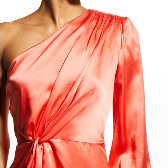 Cinq à Sept Stace Asymmetric Neck One Shoulder Silk Top Neon Coral - Picture 12 of 12